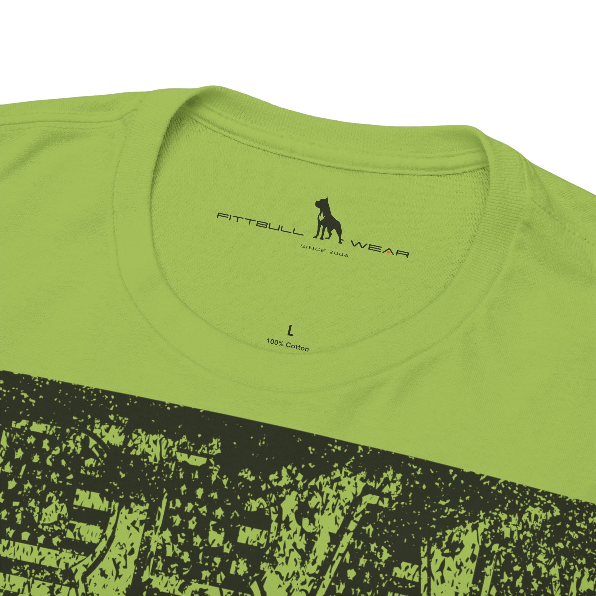 Fitbull fitness t-shirt with a graphic of a dog and urban cityscape  kiwi green logo.