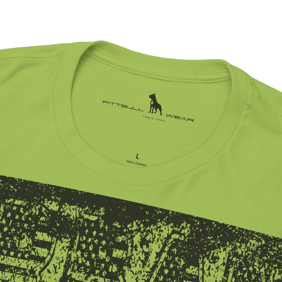 Fitbull fitness t-shirt with a graphic of a dog and urban cityscape  kiwi green logo.
