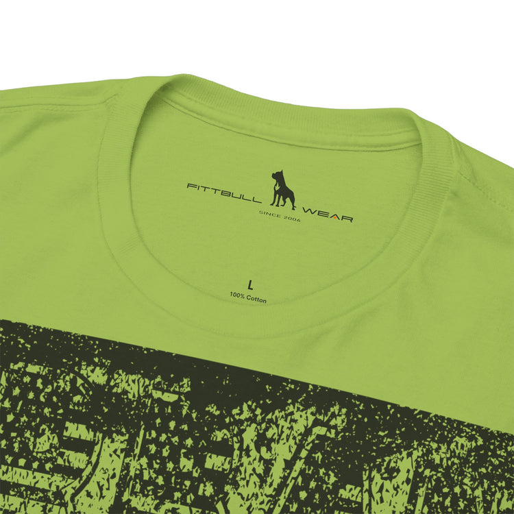 Fitbull fitness t-shirt with a graphic of a dog and urban cityscape  kiwi green logo.