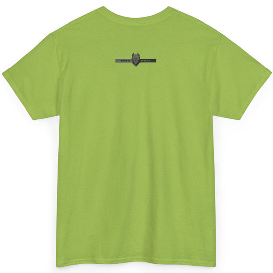 Fitbull fitness t-shirt with a graphic of a dog and urban cityscape kiwi green back.