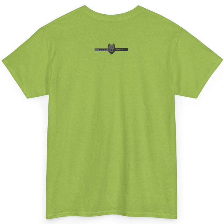 Fitbull fitness t-shirt with a graphic of a dog and urban cityscape kiwi green back.