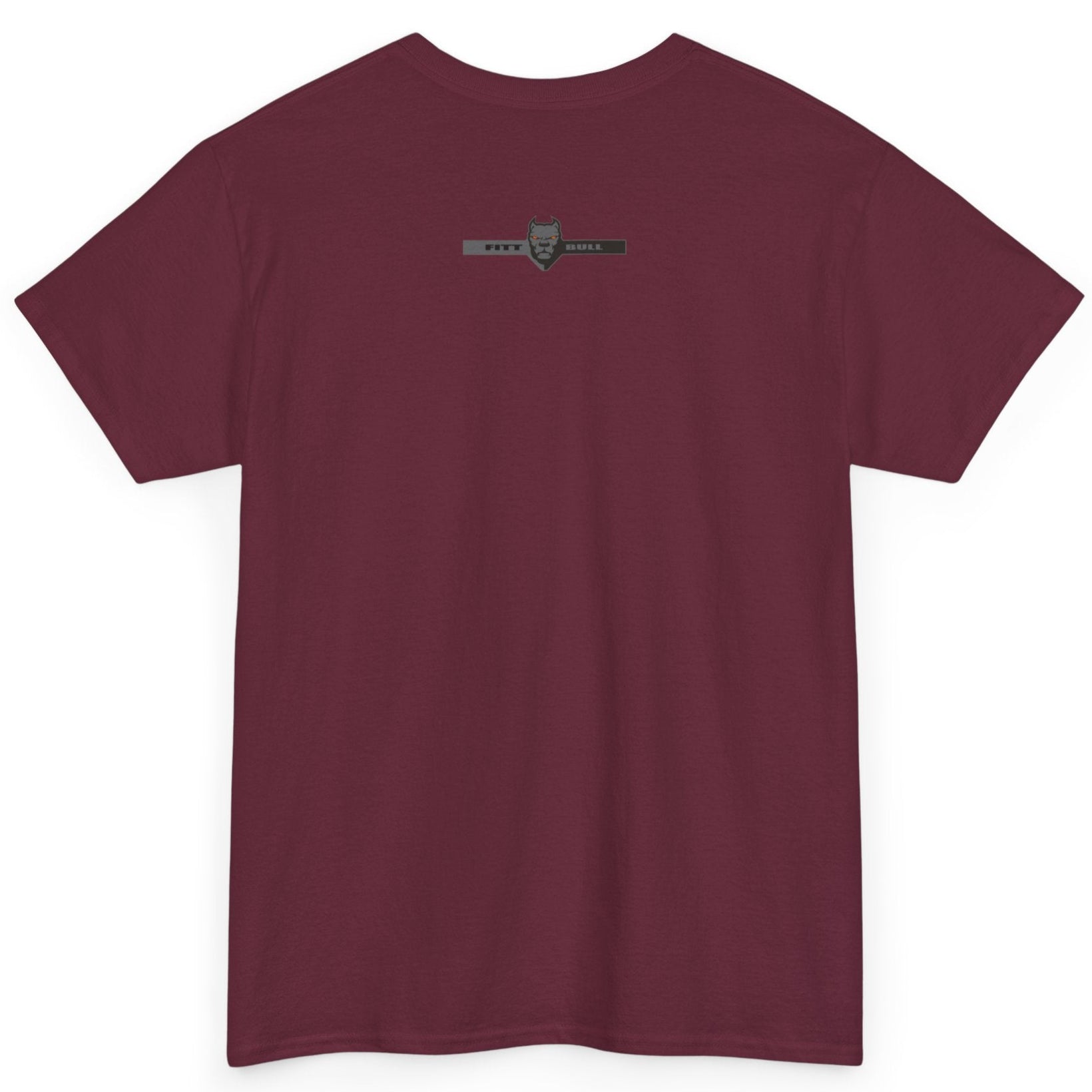 Fitbull fitness t-shirt with a graphic of a dog and urban cityscape  maroon back.