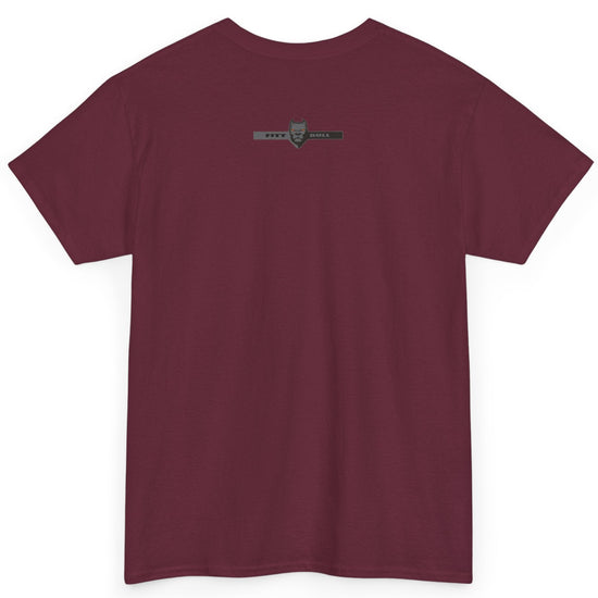 Fitbull fitness t-shirt with a graphic of a dog and urban cityscape  maroon back.