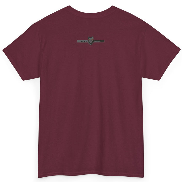 Fitbull fitness t-shirt with a graphic of a dog and urban cityscape  maroon back.