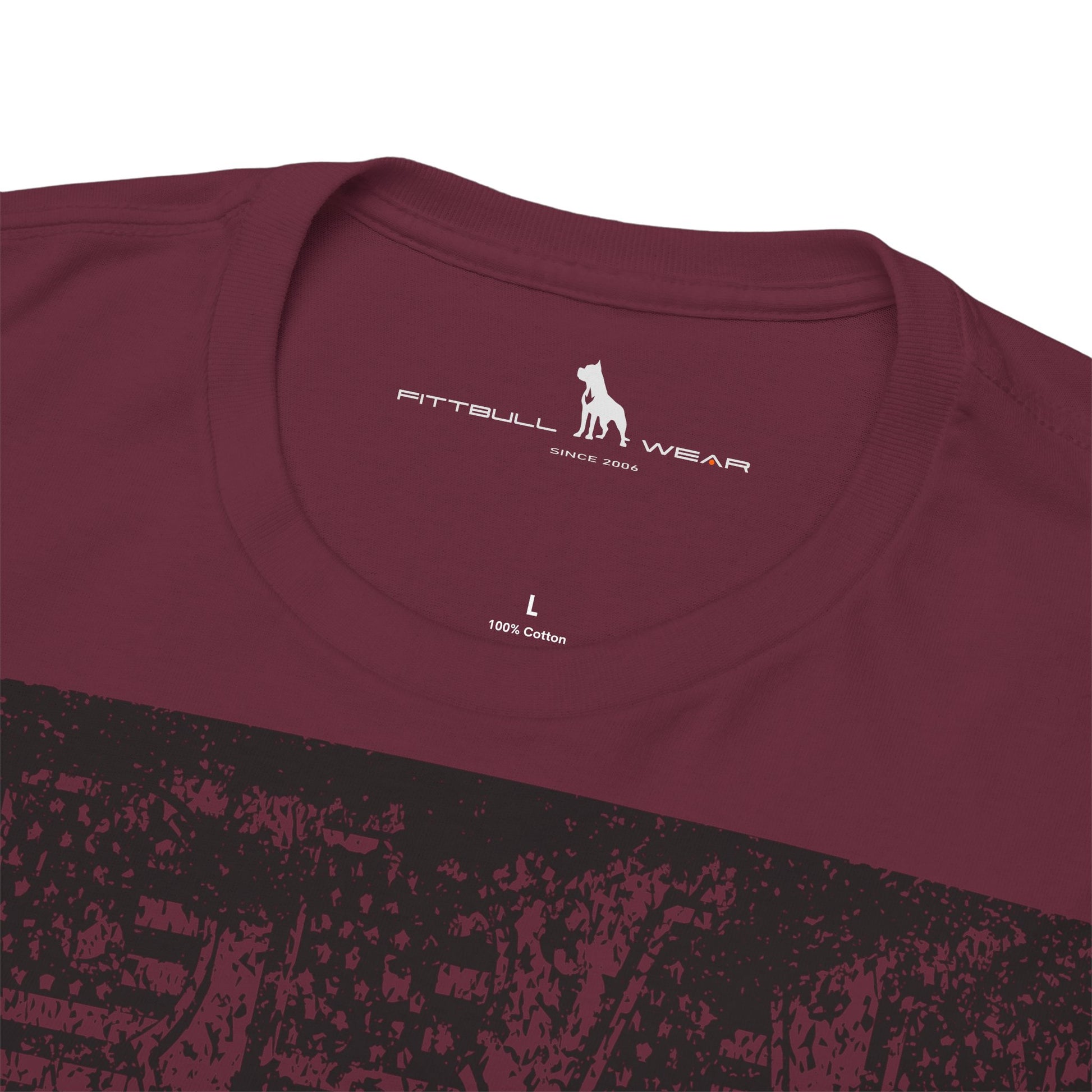 Fitbull fitness t-shirt with a graphic of a dog and urban cityscape maroon logo.