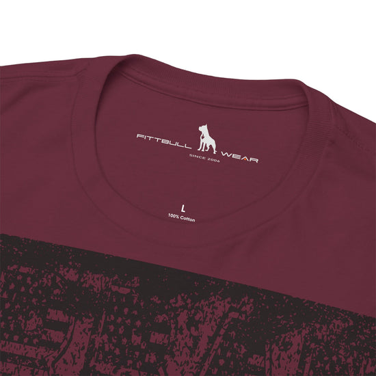 Fitbull fitness t-shirt with a graphic of a dog and urban cityscape maroon logo.
