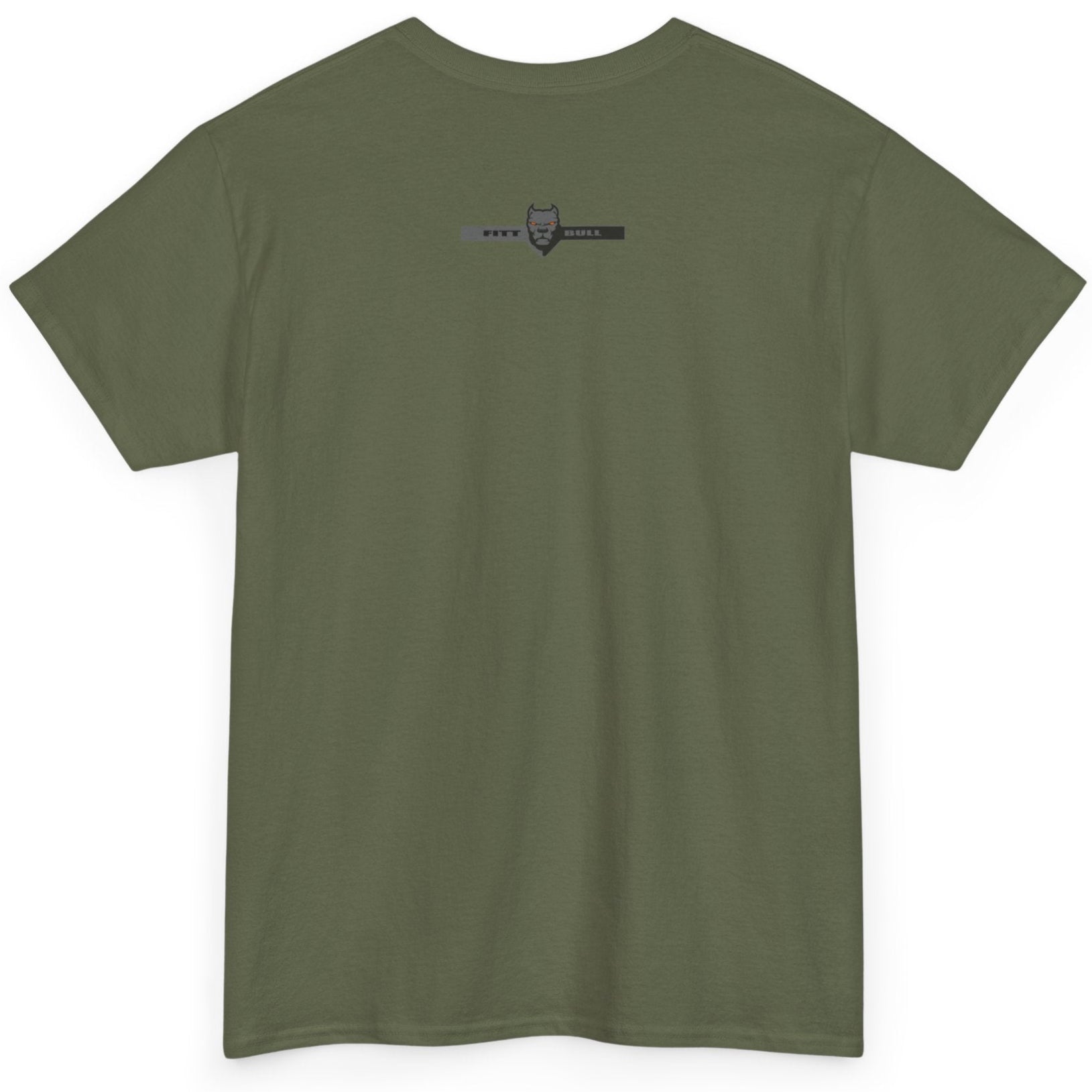 Fitbull fitness t-shirt with a graphic of a dog and urban cityscape  military green back.
