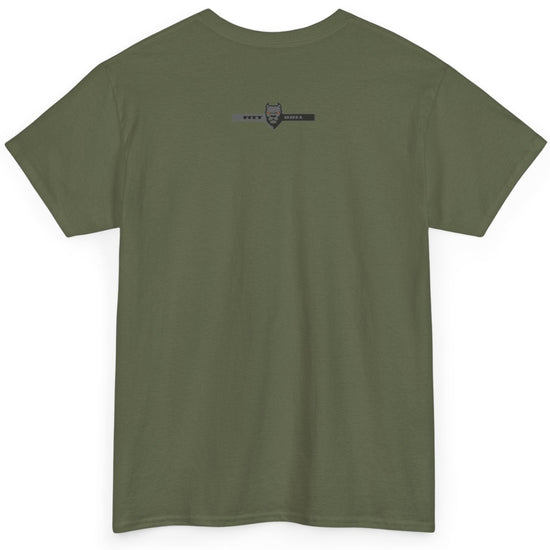 Fitbull fitness t-shirt with a graphic of a dog and urban cityscape  military green back.