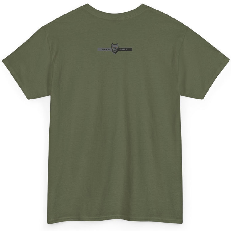 Fitbull fitness t-shirt with a graphic of a dog and urban cityscape  military green back.