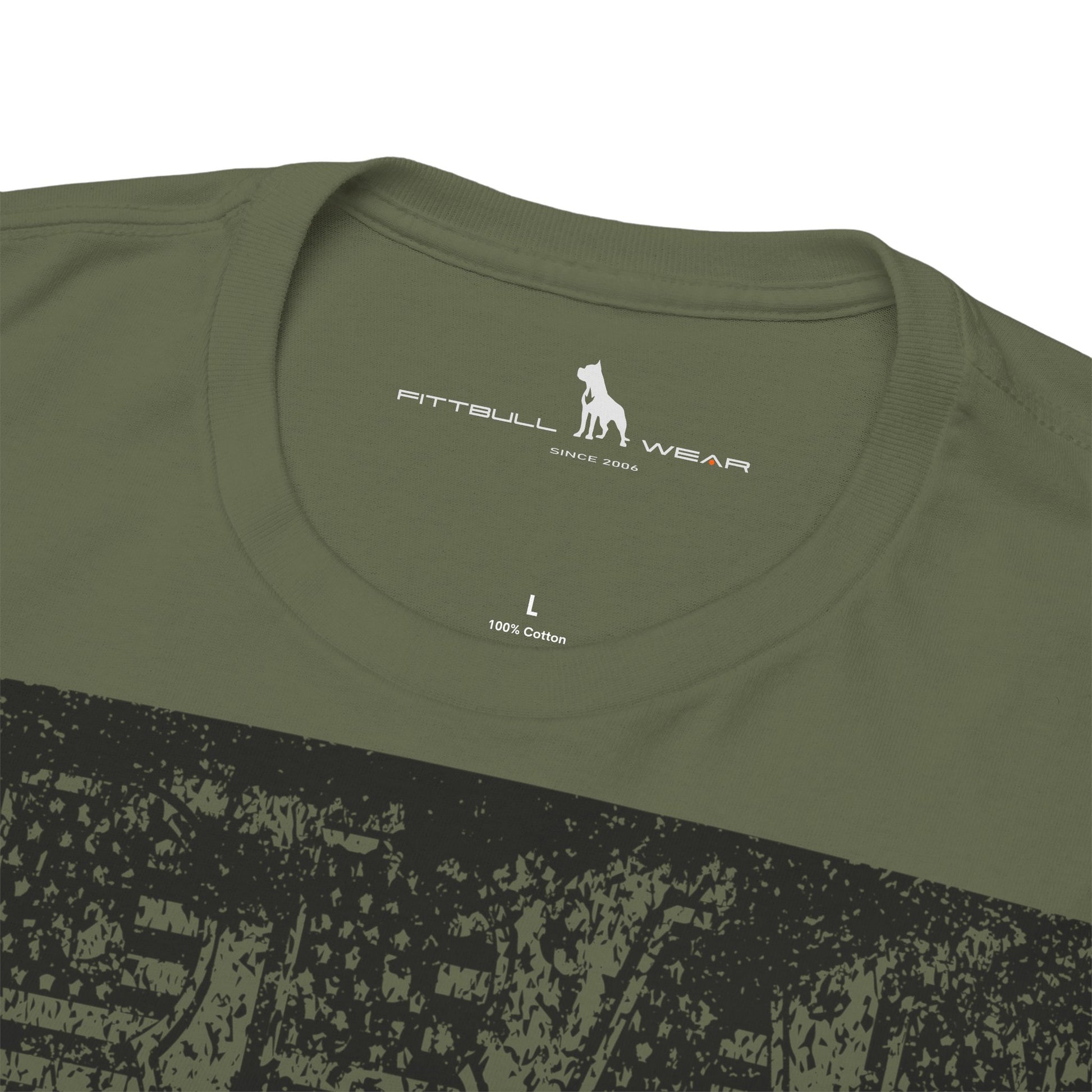Fitbull fitness t-shirt with a graphic of a dog and urban cityscape military green logo.