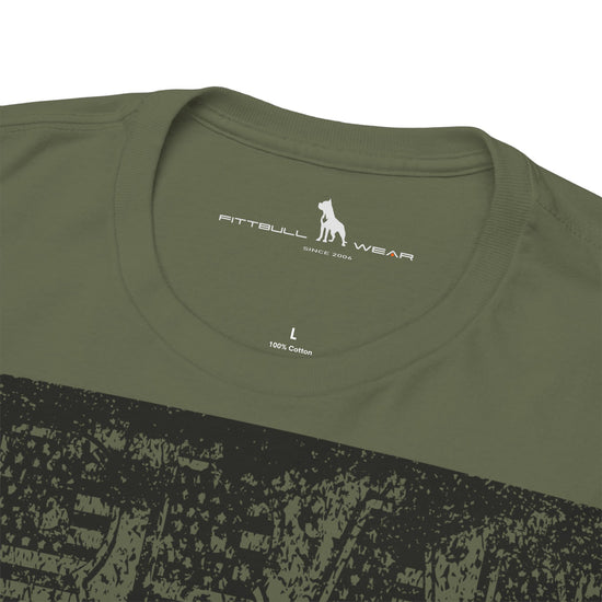 Fitbull fitness t-shirt with a graphic of a dog and urban cityscape military green logo.