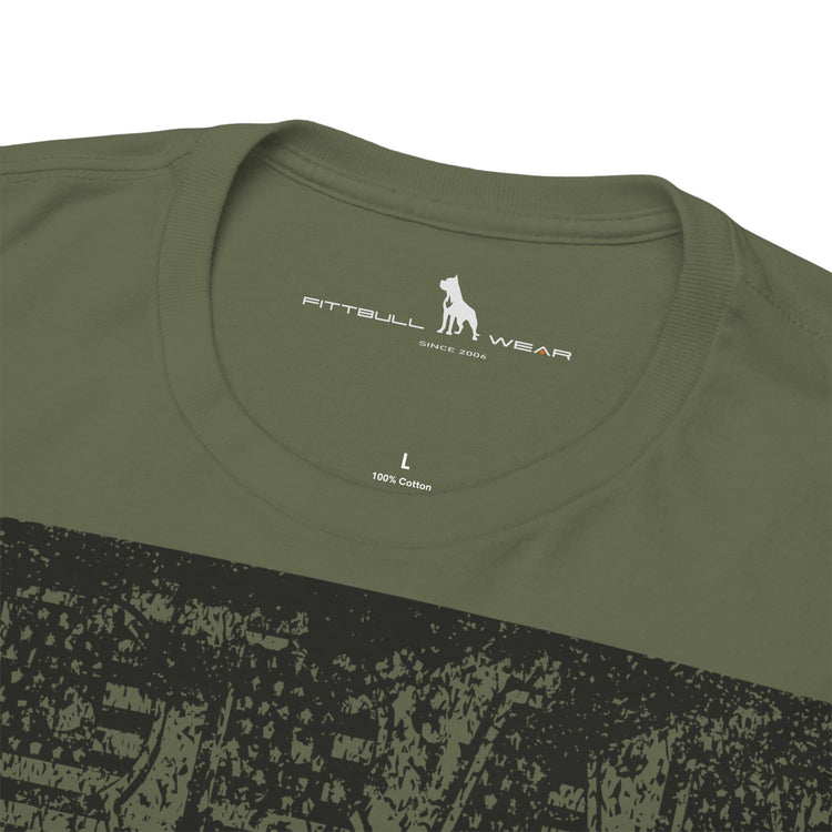 Fitbull fitness t-shirt with a graphic of a dog and urban cityscape military green logo.