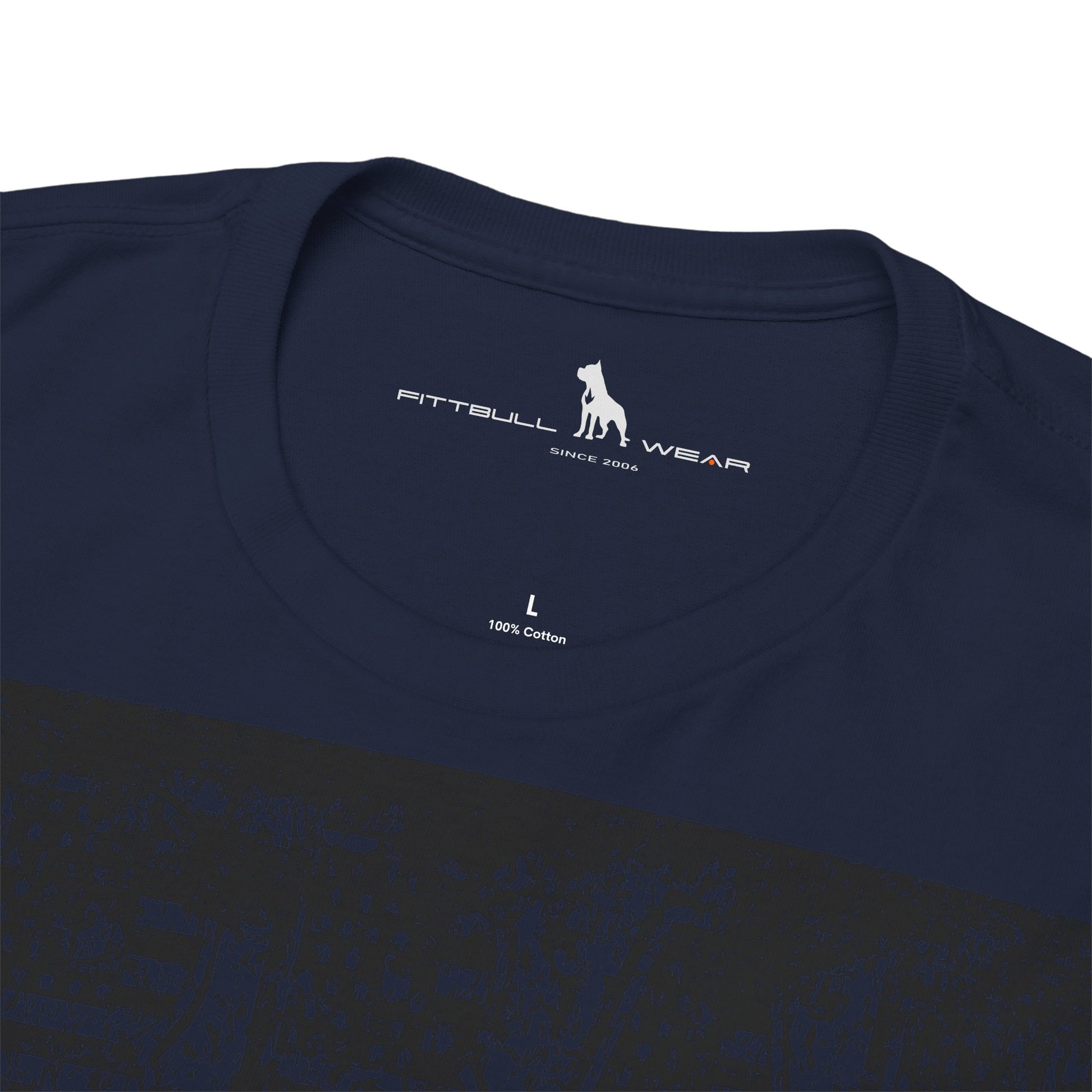 Navy blue t-shirt with Fitbull Wear logo and text on a white background
