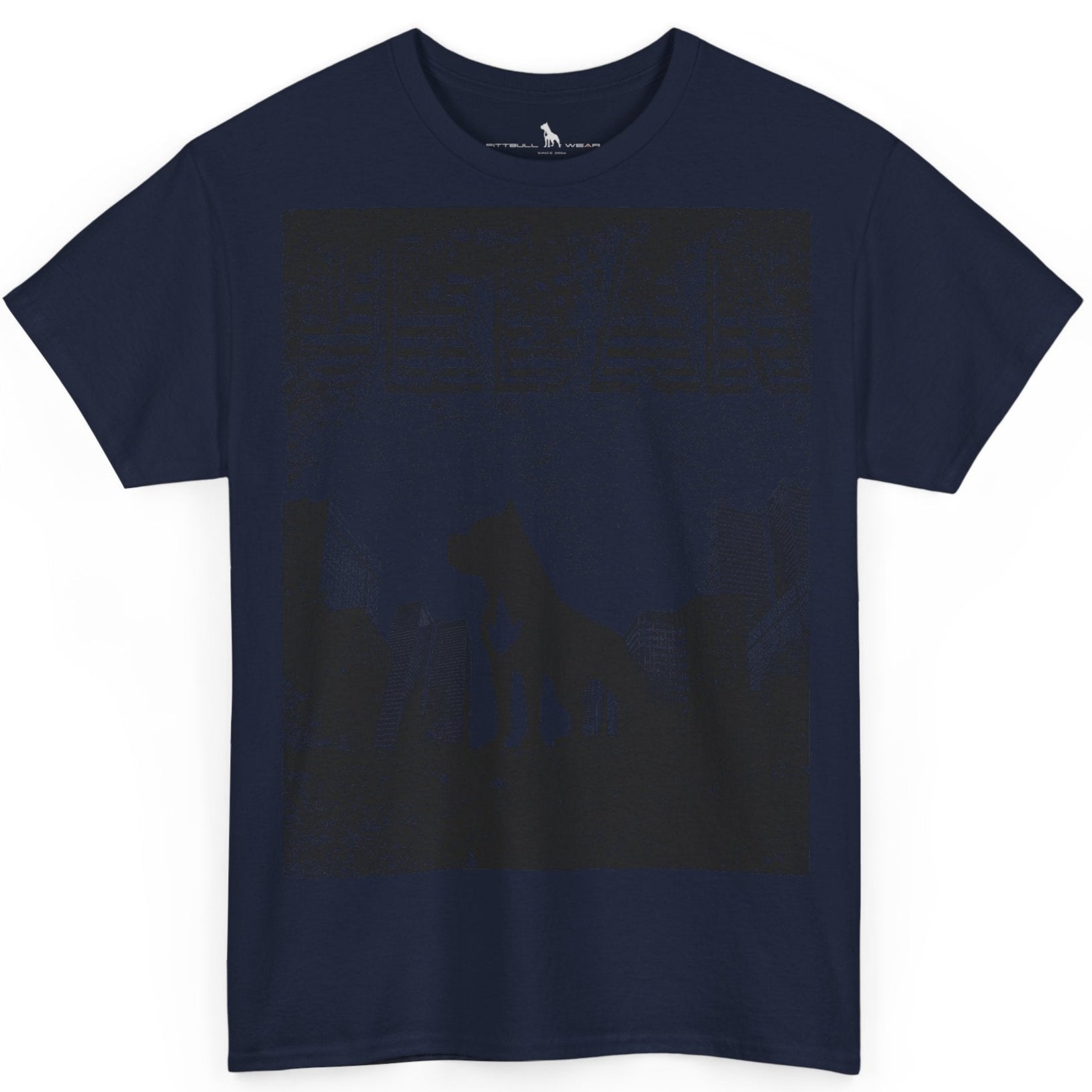 Fitbull fitness t-shirt with a graphic of a dog and urban cityscape navy blue.