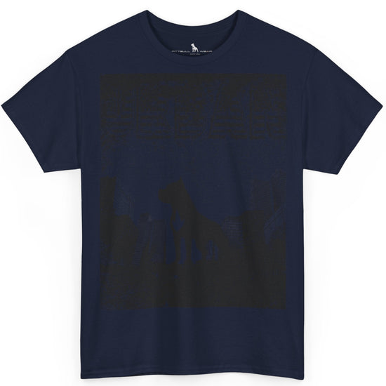 Fitbull fitness t-shirt with a graphic of a dog and urban cityscape navy blue.