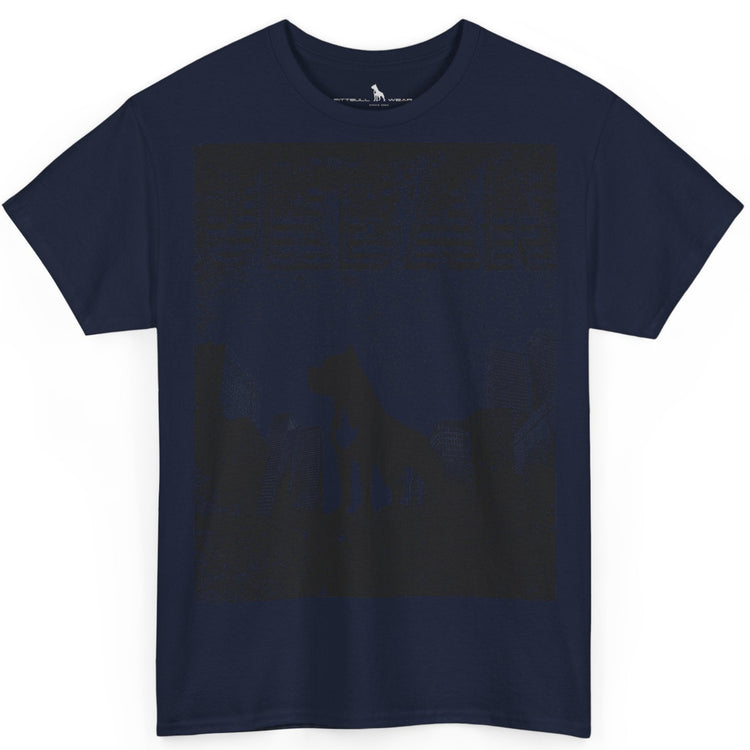 Fitbull fitness t-shirt with a graphic of a dog and urban cityscape navy blue.