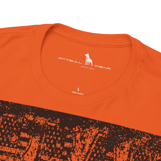 Fitbull fitness t-shirt with a graphic of a dog and urban cityscape  orange logo.