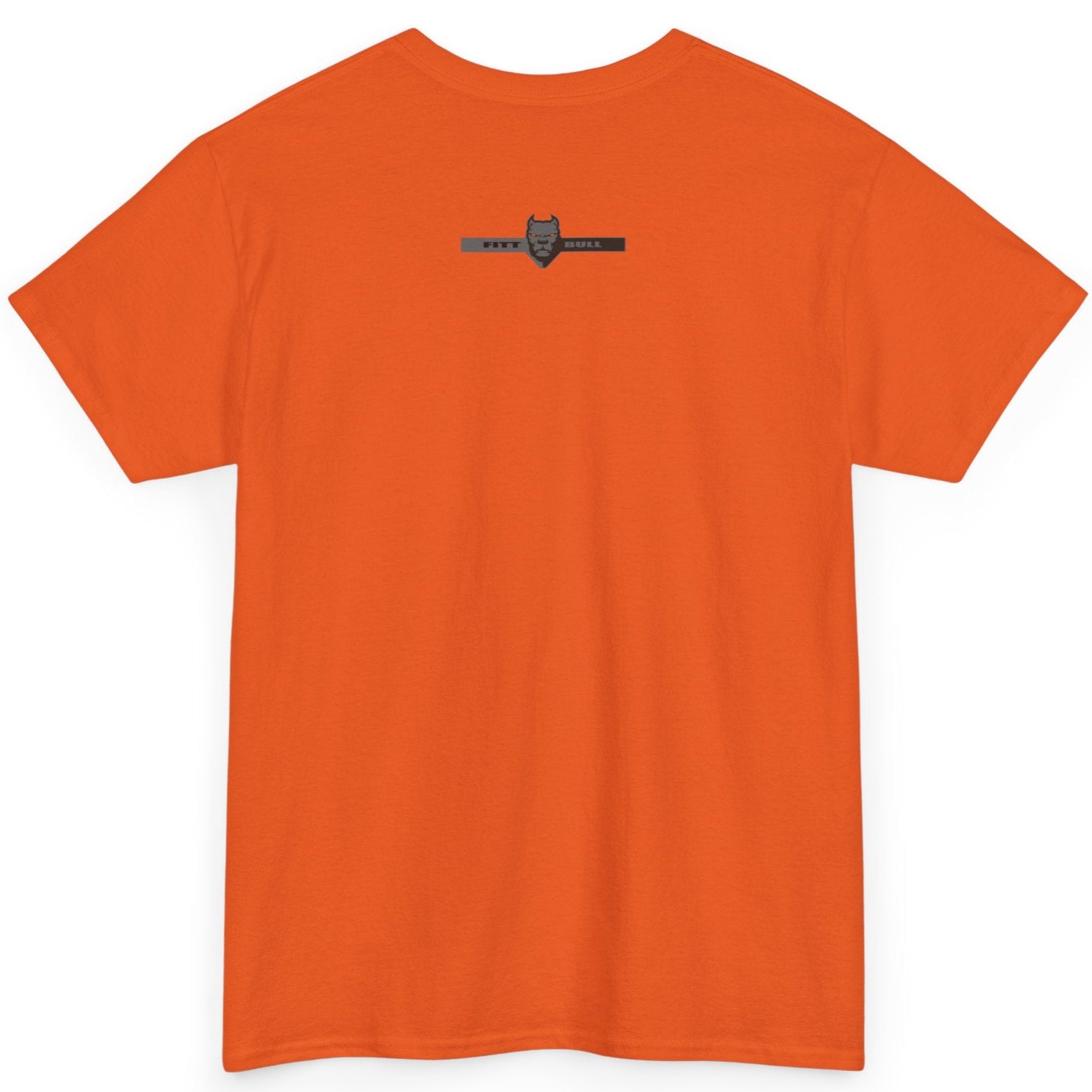 Fitbull fitness t-shirt with a graphic of a dog and urban cityscape  orange back.