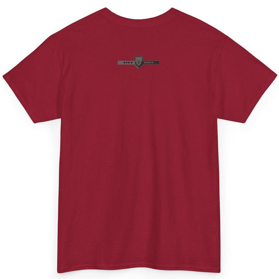 Fitbull fitness t-shirt with a graphic of a dog and urban cityscape red back.