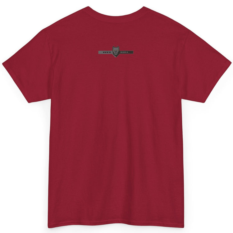 Fitbull fitness t-shirt with a graphic of a dog and urban cityscape red back.