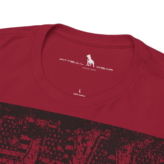 Fitbull fitness t-shirt with a graphic of a dog and urban cityscape red logo.