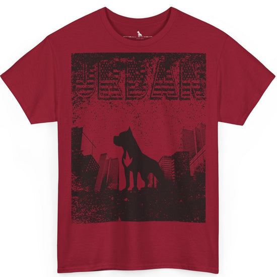 Fitbull fitness t-shirt with a graphic of a dog and urban cityscape red.