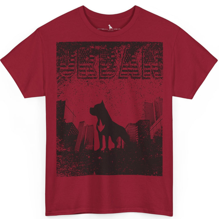 Fitbull fitness t-shirt with a graphic of a dog and urban cityscape red.