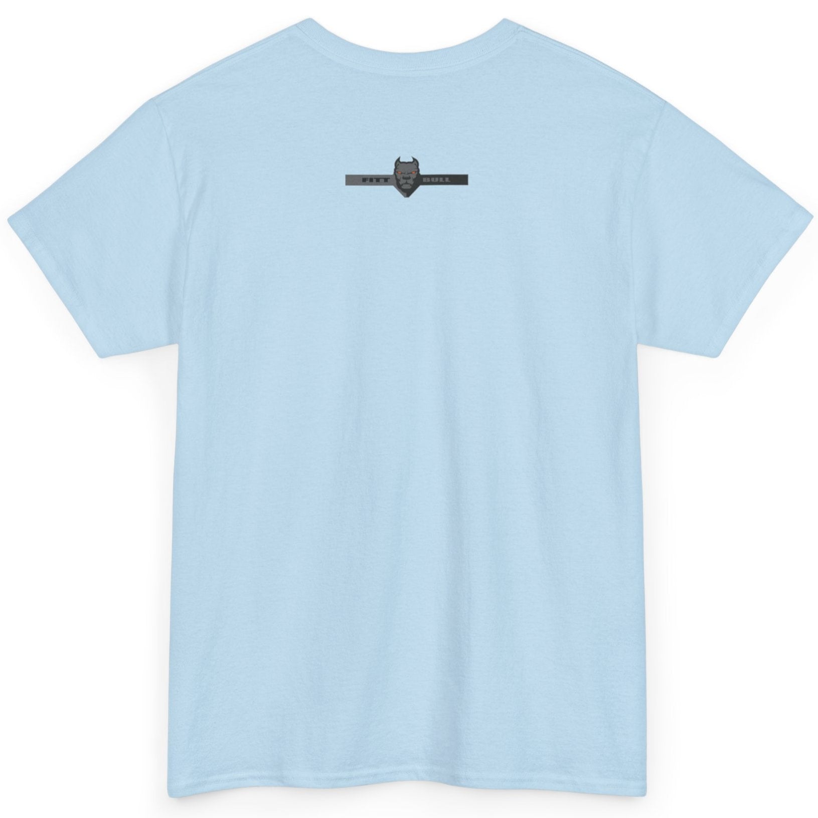 Fitbull fitness t-shirt with a graphic of a dog and urban cityscape sky blue back.