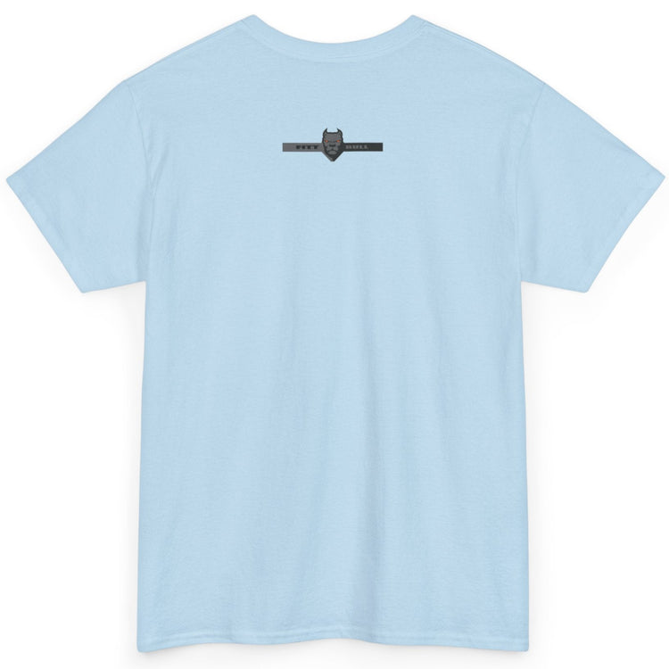 Fitbull fitness t-shirt with a graphic of a dog and urban cityscape sky blue back.