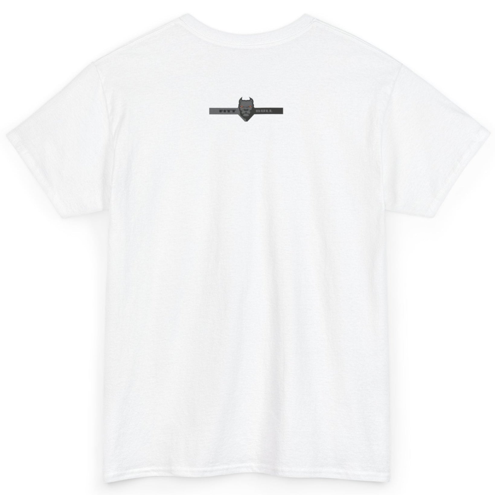 Fitbull fitness t-shirt with a graphic of a dog and urban cityscape white back.