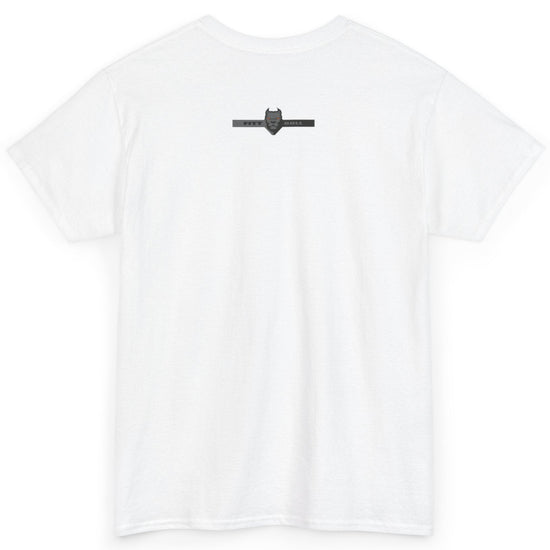 Fitbull fitness t-shirt with a graphic of a dog and urban cityscape white back.