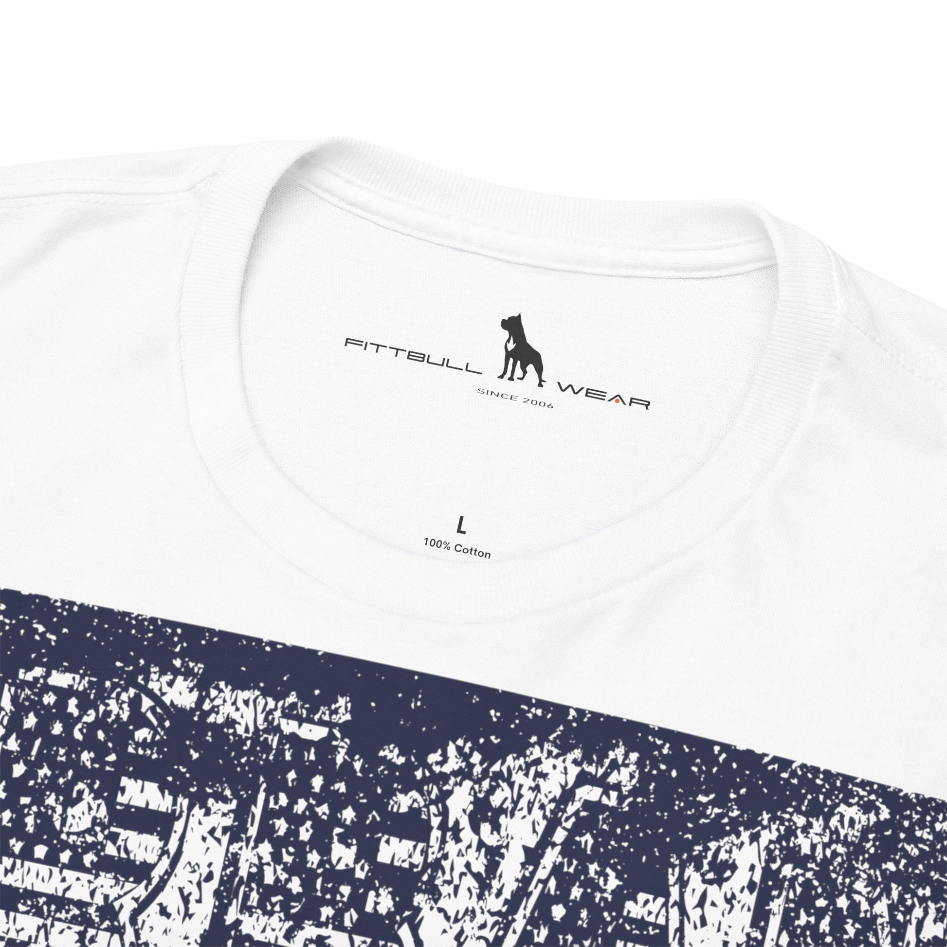 Fitbull fitness t-shirt with a graphic of a dog and urban cityscape white logo.