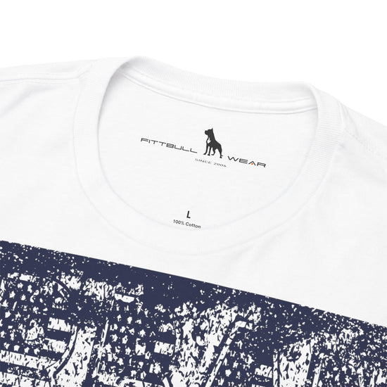 Fitbull fitness t-shirt with a graphic of a dog and urban cityscape white logo.