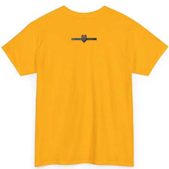 Fitbull fitness t-shirt with a graphic of a dog and urban cityscape yellow back.