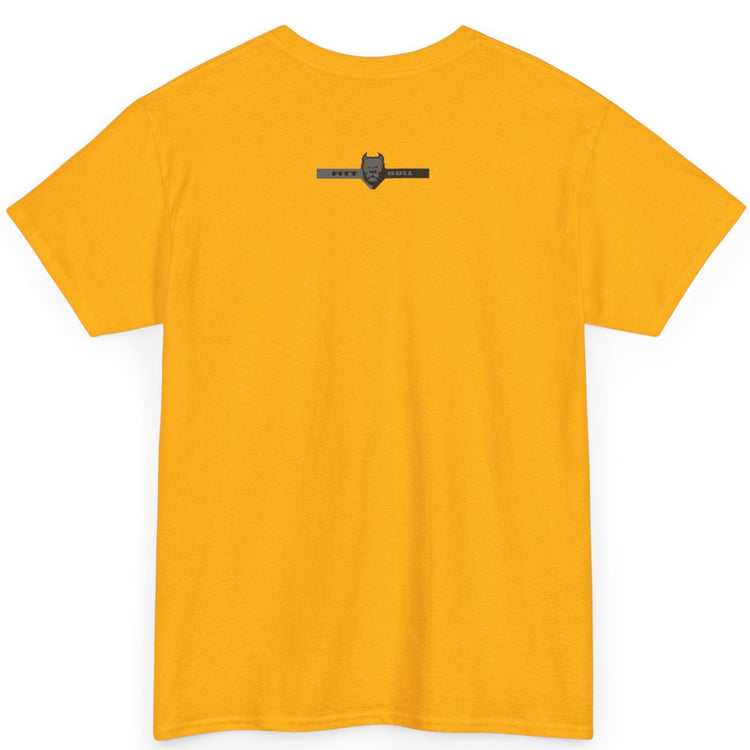 Fitbull fitness t-shirt with a graphic of a dog and urban cityscape yellow back.