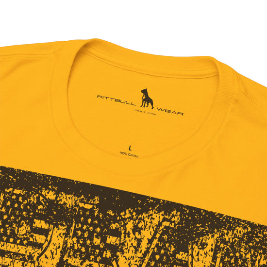 Fitbull fitness t-shirt with a graphic of a dog and urban cityscape yellow logo.