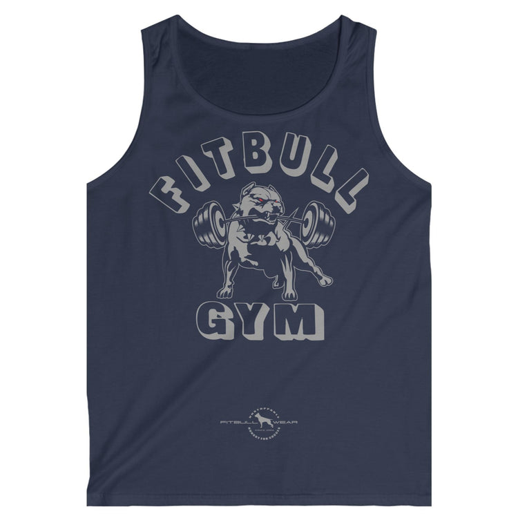 a navy blue Fitbull sports tank top branded with the Fitbull Fit Wear logo and a motivating print.