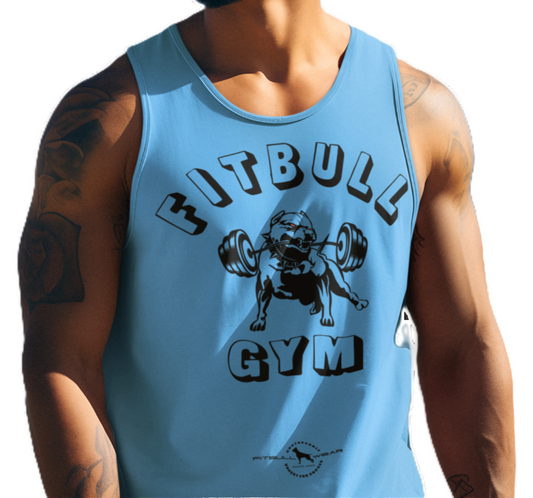 A light blue tank top with 'Fitbull Gym' logo and pitbul with a barbell motivation graphic.