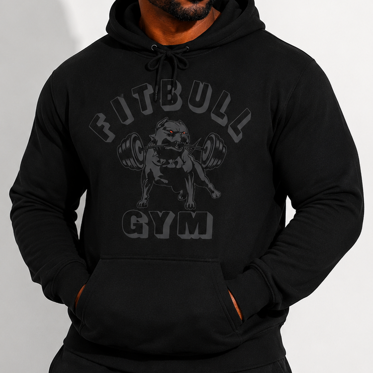 Man wearing a black hoodie with 'Fitbull Gym' logo on a white background