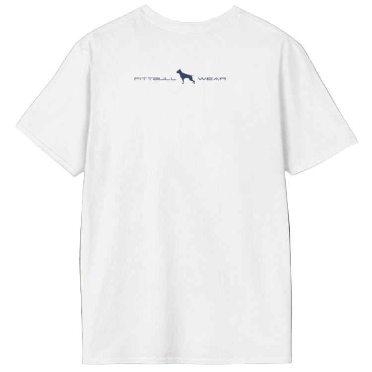 White Fitbull T-shirt with logo and motivating design Fitbull Gym back view.