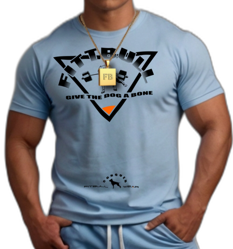 A male bodybuilder wearing a blue Fitbull T-shirt with a logo and a motivational print. He also has a Fitbull plaque necklace.