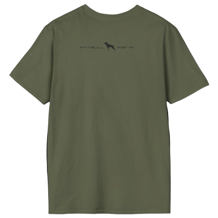 Military green Fitbull T-shirt with logo and motivating design Fitbull Gym back view.