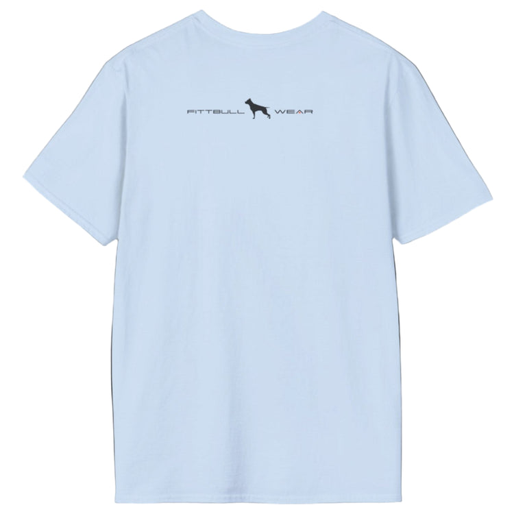 Light blue Fitbull T-shirt with logo and motivating design Fitbull Gym back view.