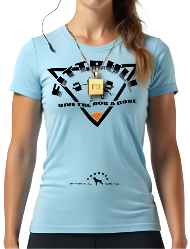 A female bodybuilder wearing a blue Fitbull T-shirt with a logo and a motivational print. He also has a Fitbull plaque necklace.