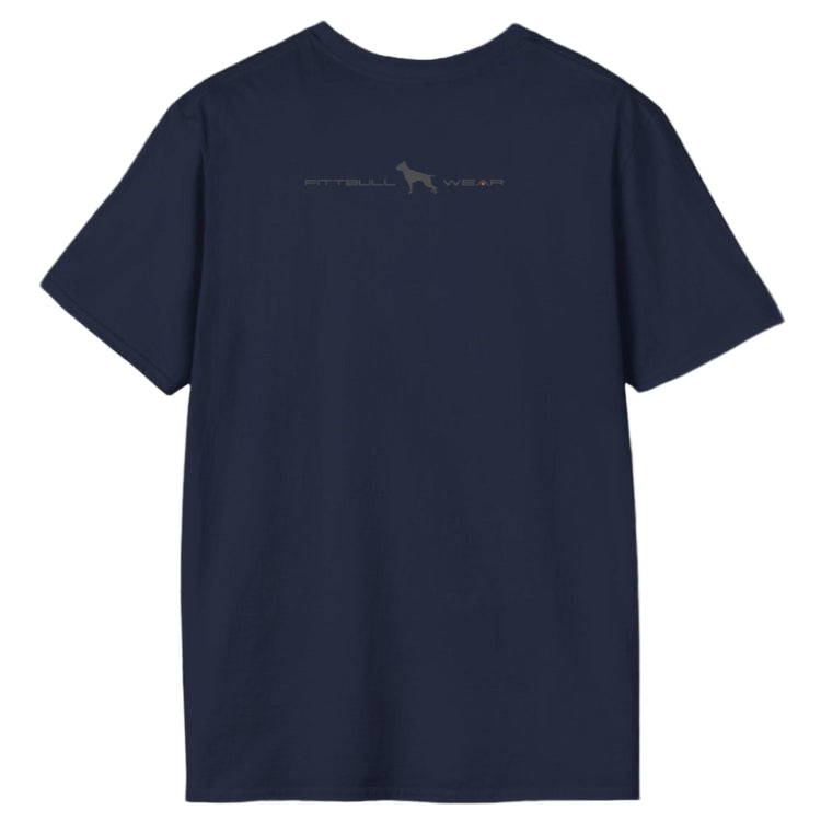Navy blue Fitbull T-shirt with logo and motivating design Fitbull Gym, bacvk view.
