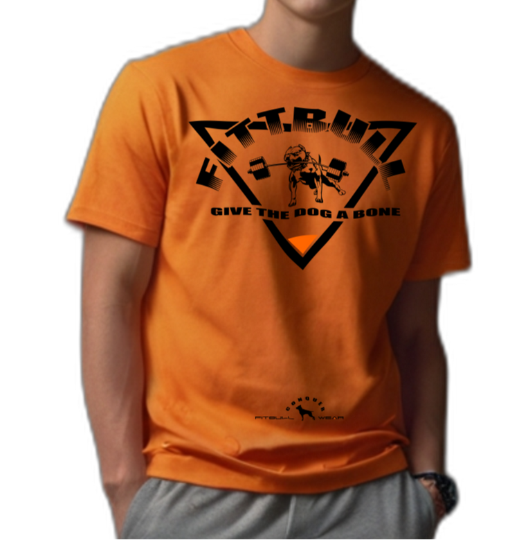 A male bodybuilder wearing a orange Fitbull T-shirt with a logo and a motivational print.