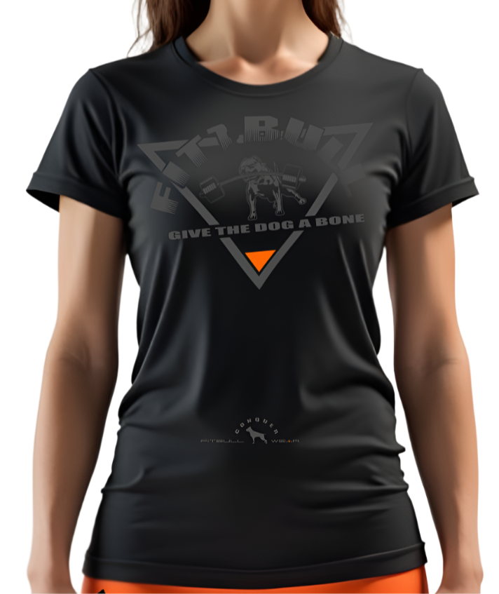 A female bodybuilder wearing a blackFitbull T-shirt with a logo and a motivational print.