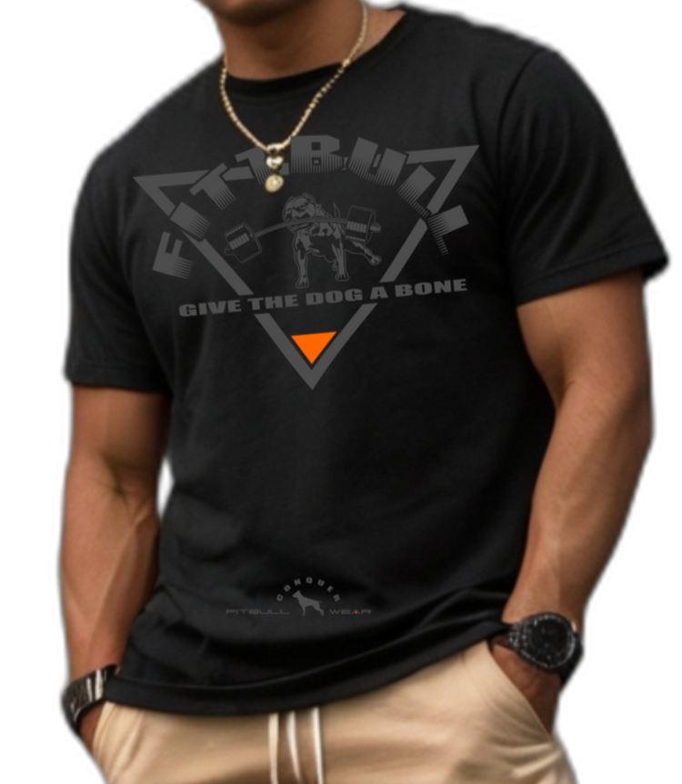A male bodybuilder wearing a black Fitbull T-shirt with a logo and a motivational print. He also has a  necklace.