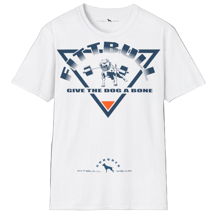 white Fitbull T-shirt with a logo and a motivational print.