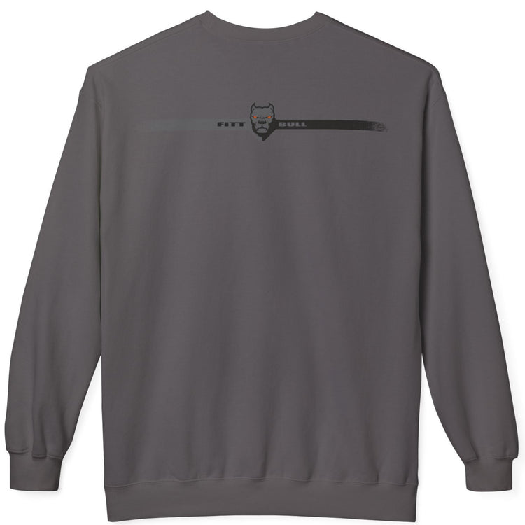 Gray Fitbull bodybuilding sweatshirt with a logo on the back against a white background